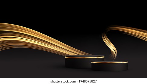 Minimal Black Scene With Golden Lines. Cylindrical Gold And Black Podium On A Black Background. 3D Stage For Displaying A Cosmetic Product