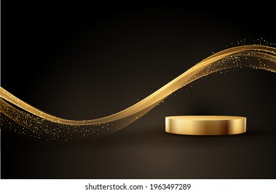 Minimal black scene with golden lines. Cylindrical gold and black podium on a black background. 3D stage for displaying a cosmetic product