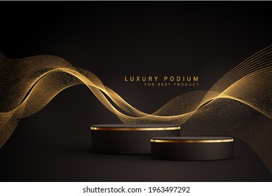 Minimal black scene with golden lines. Cylindrical gold and black podium on a black background. 3D stage for displaying a cosmetic product - Shutterstock ID 1963497292