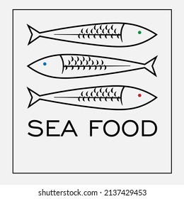 minimal black sea food logo of three fish in a square