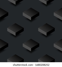 Minimal black seamless pattern background. Geometric 3D figures on the dark field tile. Vector abstract wallpaper template