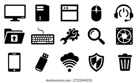Minimale schwarze Silhouette Computer- und Technologie-Icon-Set mit Hardware, Peripheriegeräten, Netzwerken und Systemsymbolen, ideal für UI-Design, Apps, Websites und digitale Schnittstellen.