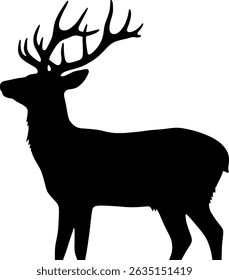Minimal black silhouette of a deer with large antlers, elegant and wild, isolated on white background