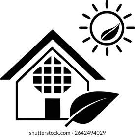 Minimal black silhouette design of an eco friendly house featuring solar panels