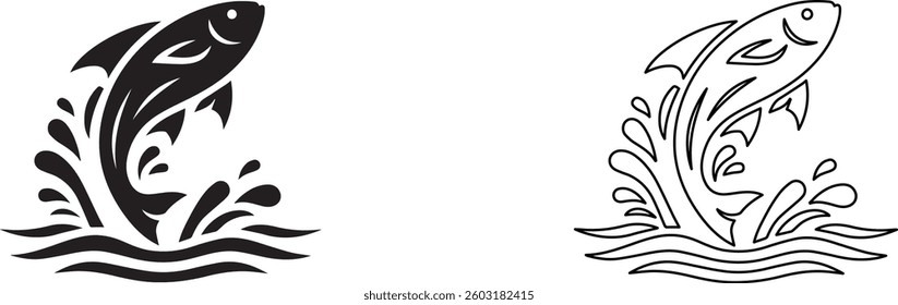 Minimal black silhouette of a fish leaping out of water, white background