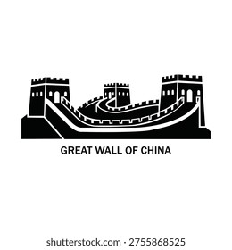 Minimal black silhouette of the Great Wall of China on a clean white background, flat vector-style illustration of the iconic ancient Chinese landmark