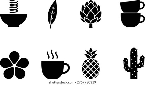 Minimal black silhouette icon set featuring food, plants, and objects including coffee cups, cactus, pineapple, leaf, and floral shapes
