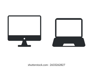 Minimal black silhouette icons of personal computer and laptop on white background. Perfect for digital, remote work, or IT-related visuals. Useful for web design and online services themes.