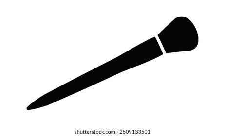 Minimal black silhouette of makeup brush with tapered handle and rounded fluffy bristle head, simple cosmetic tool icon symbolizing beauty, fashion, glamour, and modern design element