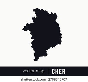Minimal black silhouette map of Cher. administrative division of France. Clean vector geographic outline perfect for cartography projects, travel designs, regional branding.