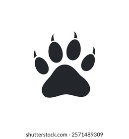 Minimal black silhouette of a paw print with four toes and a central pad on white background