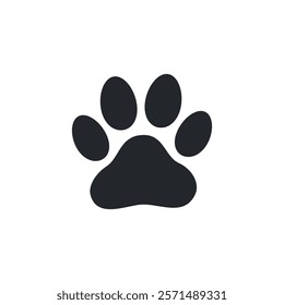 Minimal black silhouette of a paw print with four toes and a central pad on white background