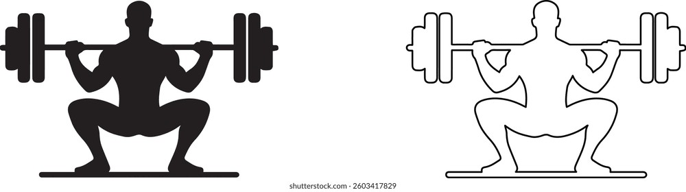 Minimal black silhouette of a person lifting heavy weights, white background