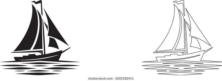 Minimal black silhouette of a sailboat on water, white background