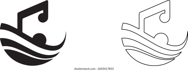 Minimal black silhouette of a single music note, white background
