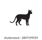 Minimal black silhouette of a standing Savannah cat, clean flat vector illustration isolated on white background.