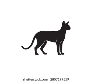 Minimal black silhouette of a standing Savannah cat, clean flat vector illustration isolated on white background.