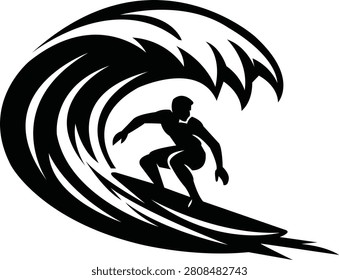 Minimal black silhouette of a surfer riding a powerful ocean wave 