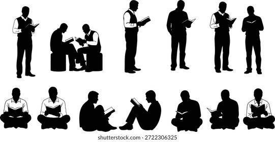 Minimal black silhouette vector artwork of seven individuals standing in a row and reading books, representing education, literature, lifelong learning, and collective knowledge exchange.