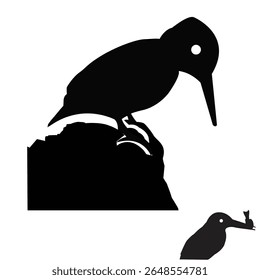 A minimal black silhouette vector illustration of a bird perched on a rock with a small creature in its beak. Perfect for wildlife concepts, nature-themed designs, logo use, t-shirt printing, and deco