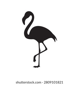 Minimal black silhouette vector of a standing flamingo, designed with clean curves and strong contrast. Calm, modern aesthetic suited for branding, posters, and nature-themed graphic systems.