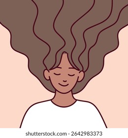 Minimal black skinned female portrait with long flowing hair and calm expression, eyes closed in peaceful and relaxed mood