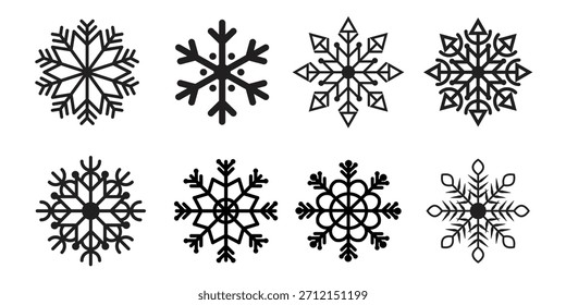 Conjunto de iconos de copo de nieve negro mínimo: Colección de Vector de Navidades de geometría de invierno moderna