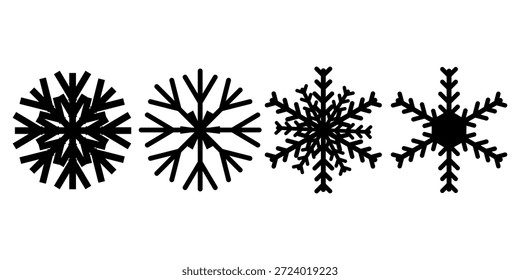 Ícone de floco de neve preto mínimo conjunto com várias formas de cristal de inverno. Estilo vetor limpo adequado para design sazonal adesivos gráficos de férias UI ícones imprime e elementos decorativos isolados no fundo branco.