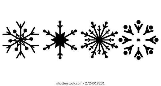Ícone de floco de neve preto mínimo conjunto com várias formas de cristal de inverno. Estilo vetor limpo adequado para design sazonal adesivos gráficos de férias UI ícones imprime e elementos decorativos isolados no fundo branco.