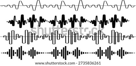 Minimal black soundwave icon representing voice signals, musical rhythm, and sound energy. Ideal for digital audio projects, recording software, music studios, educational media, and online streaming platforms. This silhouette waveform can be used for infographics, motion graphics, presentation slides, video backdrops, and creative branding. Its simple yet expressive design ensures easy recognition while maintaining a modern and professional look.