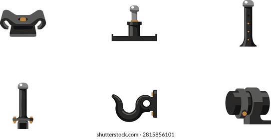 Minimal black trailer hitch icon collection showing coupler, ball mount, adjustable post, receiver tube, tow hook, and clamp connector for towing and transport projects