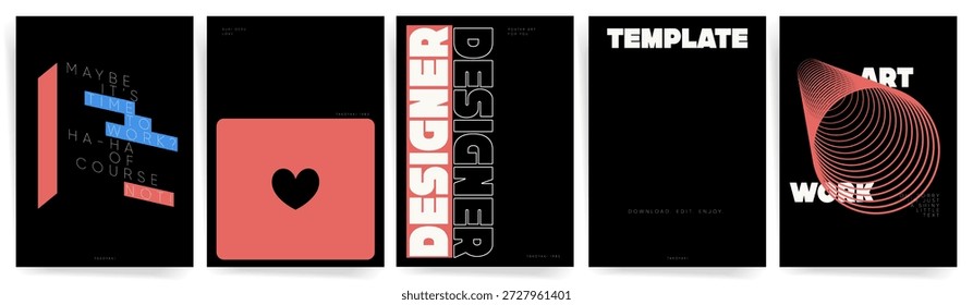 Minimale schwarze Typografie-Postervorlagen mit Designerlayout, geometrischen Formen, Drahtmodell-Spirale und modernem Schweizer Brutalismus-Stil