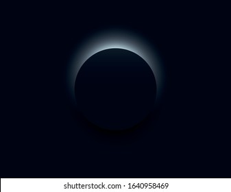 Minimal black vector background with dark 3d circle with light behind it. Product presentation or dark wallpaper. Dark, elegant banner. Eps10 illustration.