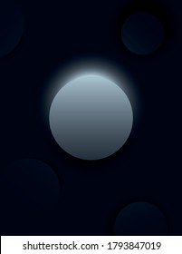 Minimal black vector background with grey 3d circle with light behind it. Product presentation or dark wallpaper. Eps10 illustration.