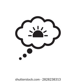Minimal black vector icon featuring a thought bubble with a rising sun inside, symbolizing positive thinking, morning ideas, and hopeful daydreams against a clean white background.