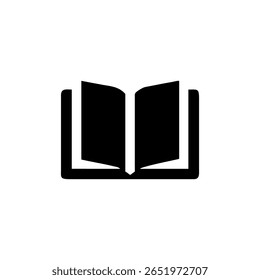 Ícone de vetor preto mínimo de livro aberto - representando leitura, educação, literatura, conhecimento, biblioteca ou material escolar