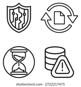 Conjunto de íconos de Vector negro mínimo que representa el control de estrangulamiento de API, la regulación de solicitudes y la administración de carga del sistema para aplicaciones modernas.