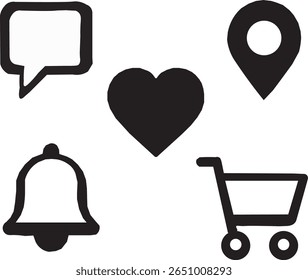Iconos negros mínimos del vector de la campana y de la ubicación del corazón del Carrito Perfecto para el comercio electrónico y el diseño de UI UX