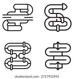 Minimal black vector icons representing data operations pipeline, workflow, and analytics systems for business and technology projects.