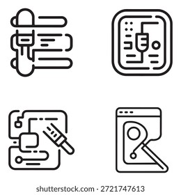 Iconos de vectores negros mínimos que representan análisis forense digital y herramientas de investigación cibernética.