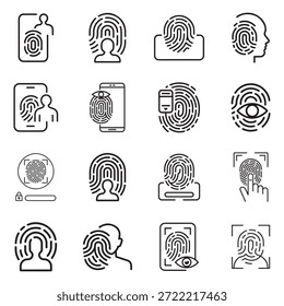 Iconos vectoriales negros mínimos que representan autenticación sin contraseña, métodos de Inicio de sesión seguro y conceptos modernos de administración de acceso.