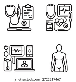 Iconos negros mínimos del vector que representan la salud, el bienestar, y los conceptos del estilo de vida para el uso personal y profesional. 