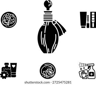 Conjunto de iconos vectoriales negros mínimos con perfumes, cosméticos, cuidado de la piel y Elementos de belleza de bienestar.