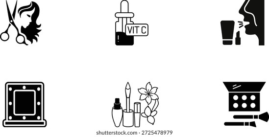 Ícones de vetor preto mínimo conjunto com salão de beleza, maquiagem, skincare e elementos de estilo cosmético.