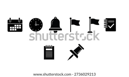 Minimal Black Vector Icons Set — Calendar, Clock, Bell, Flags, Checklist, Note, Thumbtack