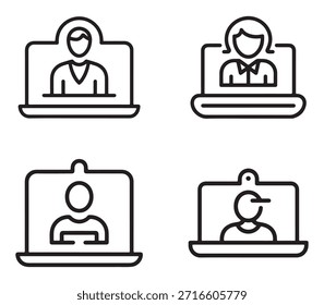 Iconos mínimos de vectores negros que muestran entrevistas virtuales y herramientas de comunicación de contratación remota.