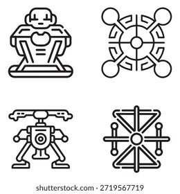 Minimale schwarze Vektorsymbole, die automatisierte Prozesse und automatisierungsgesteuerte Geschäftssysteme anzeigen.