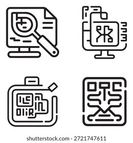 Iconos vectoriales negros mínimos que muestran herramientas de análisis de amenazas digitales y análisis forense de seguridad cibernética.