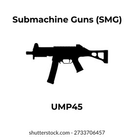 Una silueta de Vector negro minimalista de un subfusil UMP45 sobre un fondo blanco.