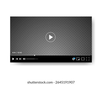 Minimal black video player UI template with transparent screen, modern flat style, black and white color scheme, for web, apps, user interface design, streaming services, and social media platforms.
